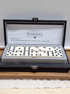 #AED Bombay Domino Set with Black Pips in Black Case DOUBLE SIX